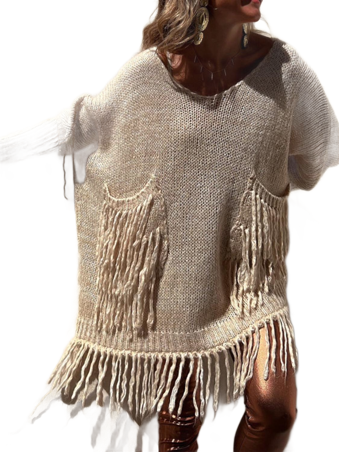 Fringe Detail Long Sleeve Sweater with Pockets