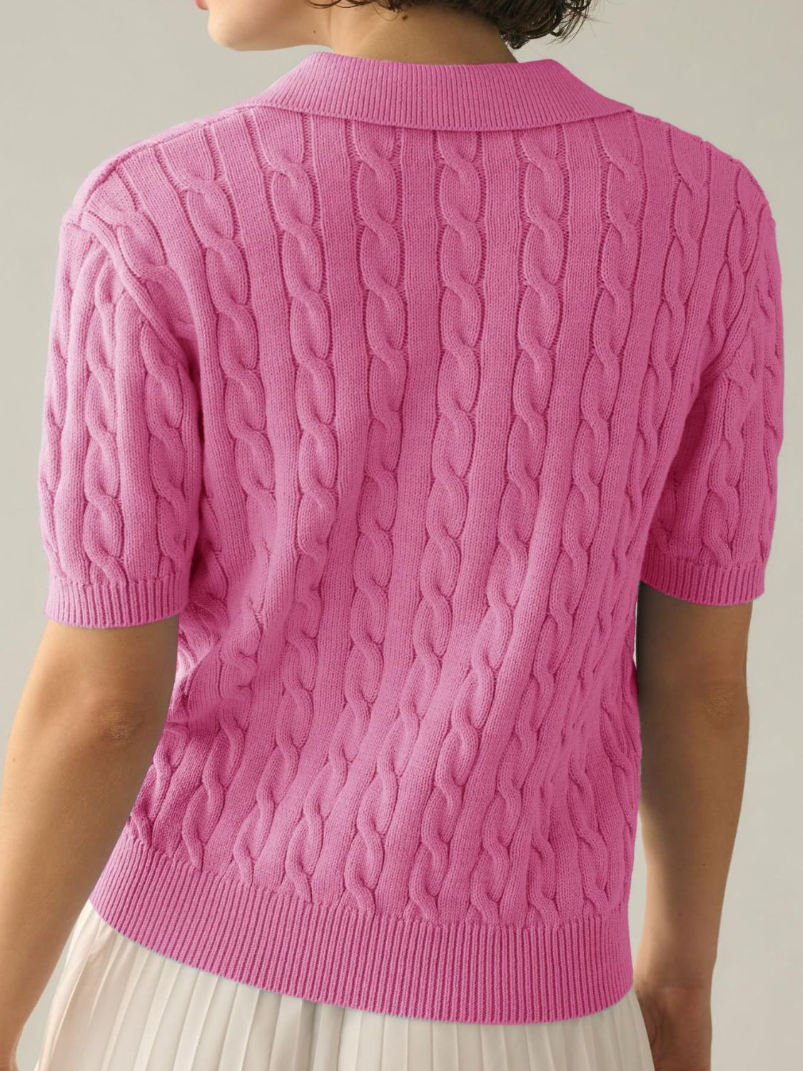 Cable-Knit Collared Neck Half Sleeve Sweater