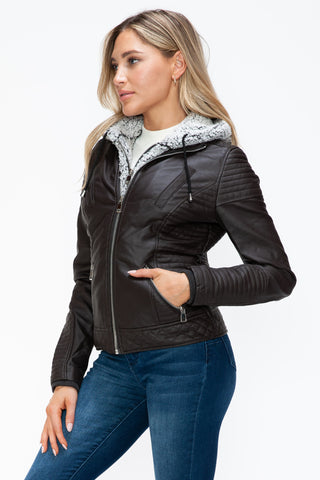 MI Faux Layered Double-Zipper Jacket with Fuzzy Hood