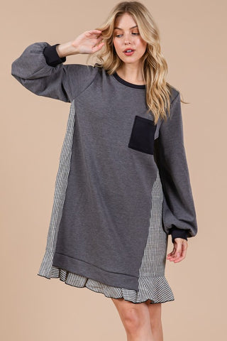 Striped Patchwork Round Neck Terry Sweatshirt Dress