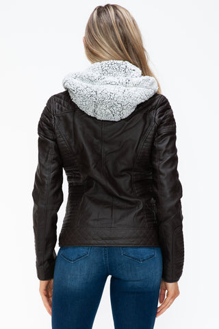 MI Faux Layered Double-Zipper Jacket with Fuzzy Hood