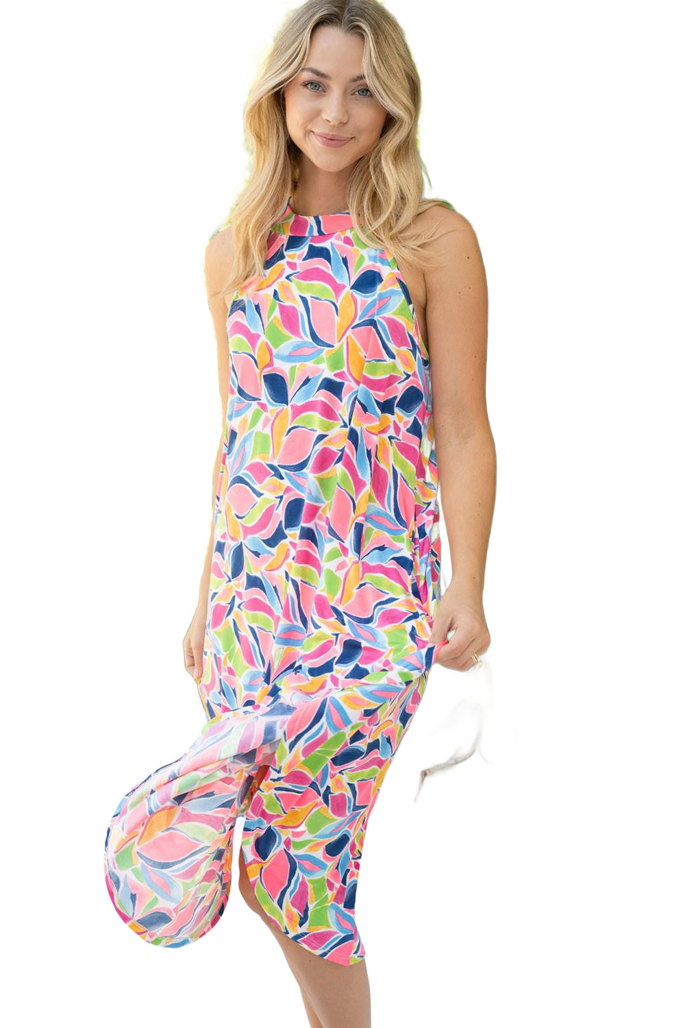 Full Size Printed Sleeveless Dress with Pockets