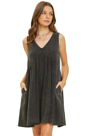 Full Size Texture V-Neck Sleeveless Flare Mini Dress