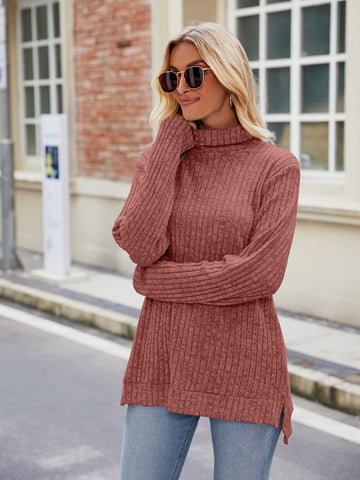 Ribbed Turtleneck Long Sleeve Slit Knit Top