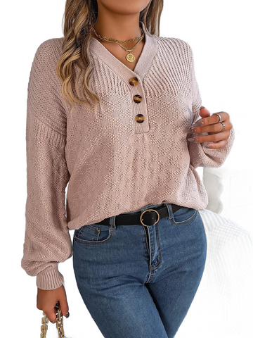 Half Button V-Neck Long Sleeve Sweater