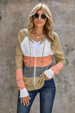 Zip-Up Raglan Sleeve Openwork Hooded Cardigan | Hoodies For All Kind