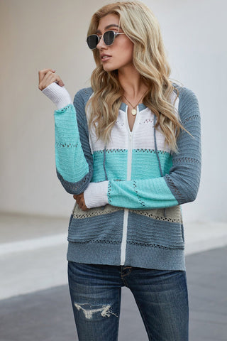 Zip-Up Raglan Sleeve Openwork Hooded Cardigan | Hoodies For All Kind