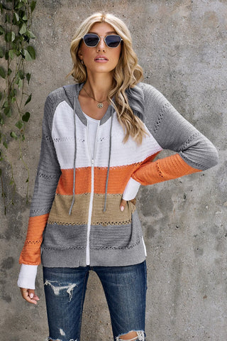 Zip-Up Raglan Sleeve Openwork Hooded Cardigan | Hoodies For All Kind