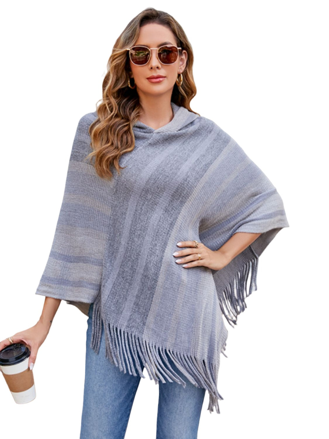 Striped Fringe Hem Hooded Poncho | Hoodies For All Kind