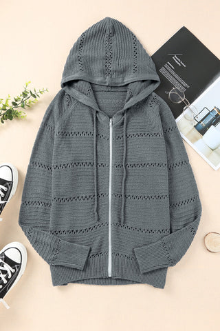 Zip-Up Raglan Sleeve Openwork Hooded Cardigan | Hoodies For All Kind