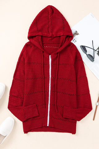 Zip-Up Raglan Sleeve Openwork Hooded Cardigan | Hoodies For All Kind